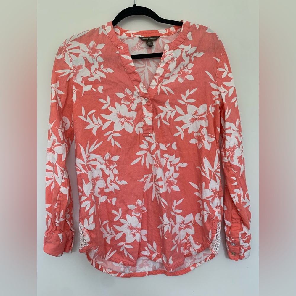 Tommy‎ Bahama coral flower linen long sleeve top blouse